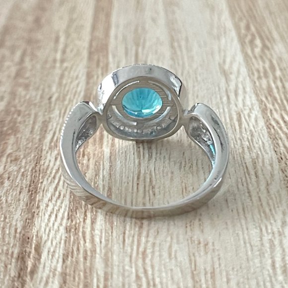 Round Aquamarine Halo Ring w/ Looping Split Shank - 925 Sterling Silver - Picture 3 of 5